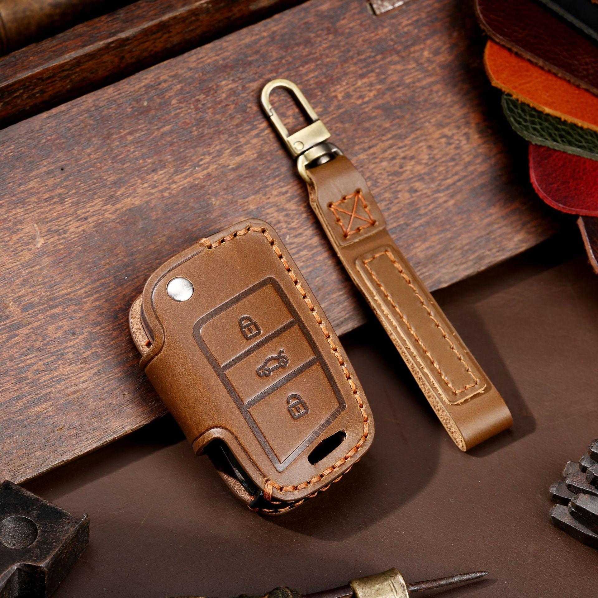 Leather key bag is suitable for Volkswagen key cover folding special protection car key cover genuine leather