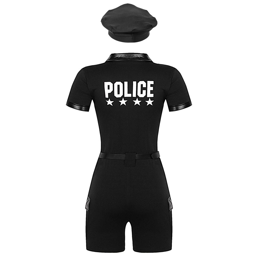 S-4XL 4Pcs Women Cop Outfits Policewoman Role Play Costume - Zipper Short Sleeve Jumpsuit with Belt, Purse, Hat Lingerie Uniform