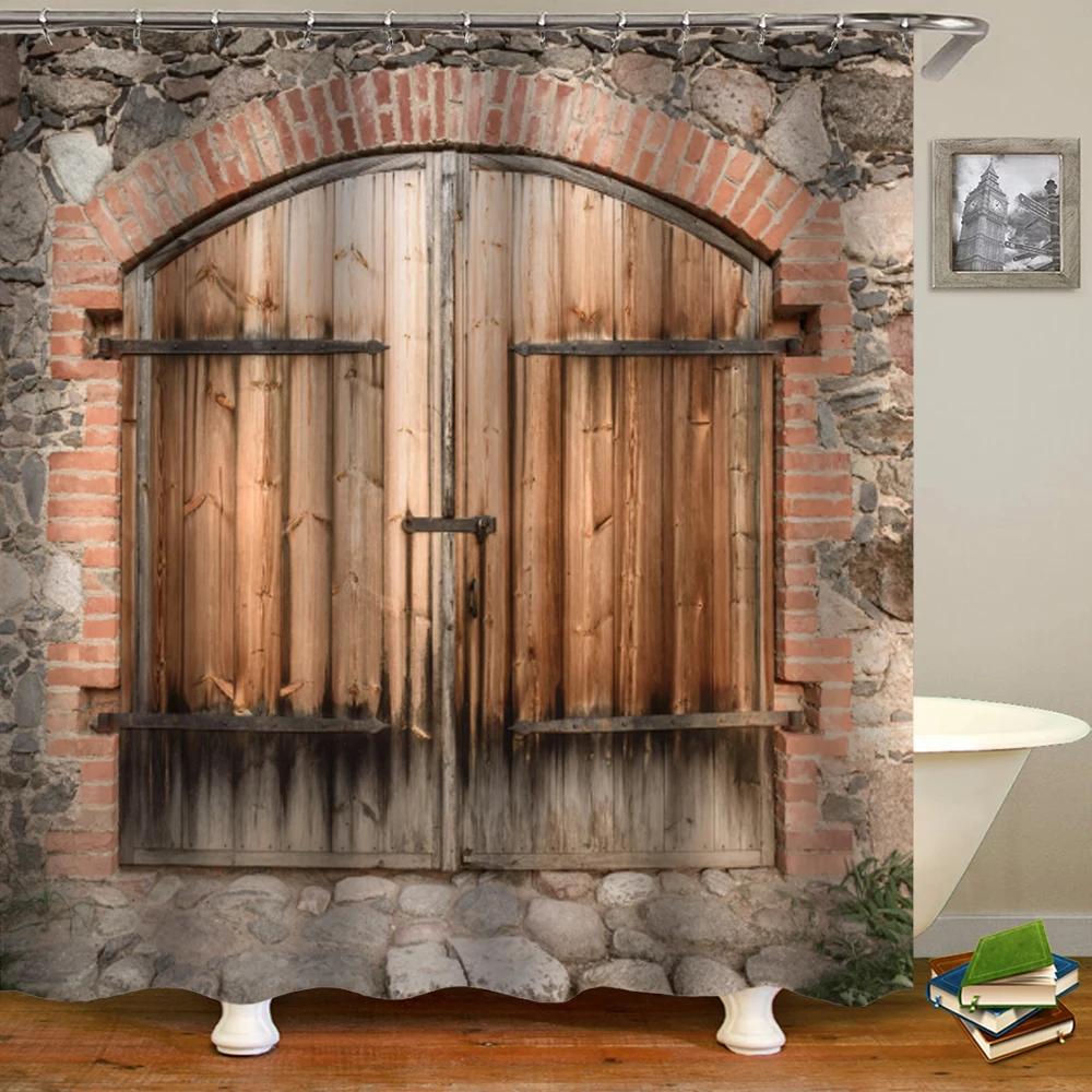Bauernhaus Dekorativer Duschvorhang aus Holztür Retro Rustikale Scheunenholztür Europa Western Country Home Decor Badvorhanghaken