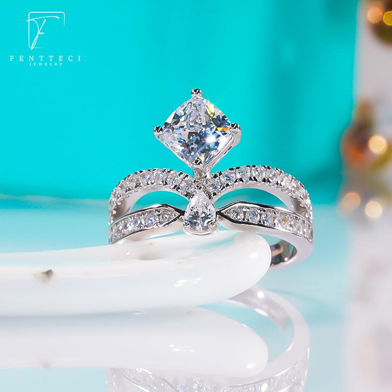 

FENTTECI 925 стерлингового серебра платиновое покрытие муассанит корона кольцо микро оправа капля воды роскошные ювелирные изделия для женщин свадьба AAAAA zircon-10
