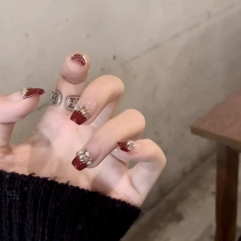 Burgundy Champagne Gel Manicure Wearable False Nails Set - Removable Finished Nail Art Patches and Tips