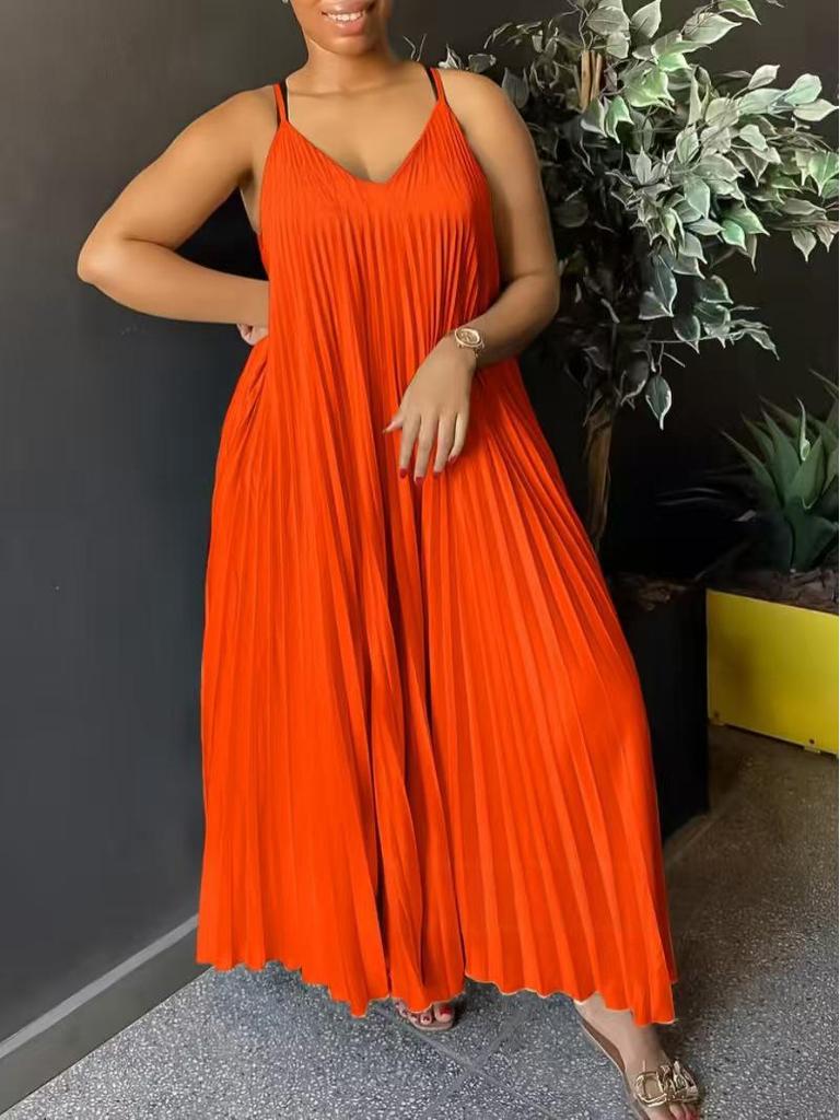 Plus Size Spaghetti Strap Pleated V-Neck Summer Dress with Flowing Hem