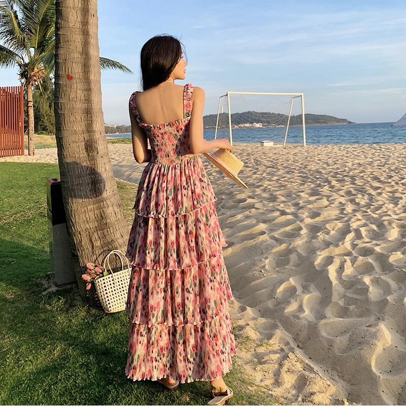 06 Spring/Summer Floral Print Elastic Shrinkle Vacation Dress Pink Skirt Suspender Beach Dress