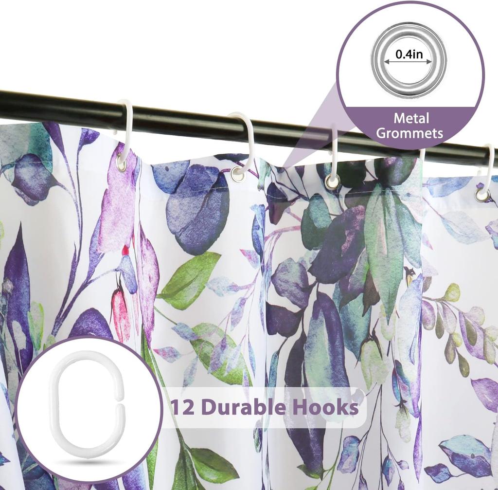 Blue Purple Eucalyptus Leaves Shower Curtains 72X72 Inch, Waterproof Fabric Stylish Botanical Bathroom Shower Curtain With Hooks
