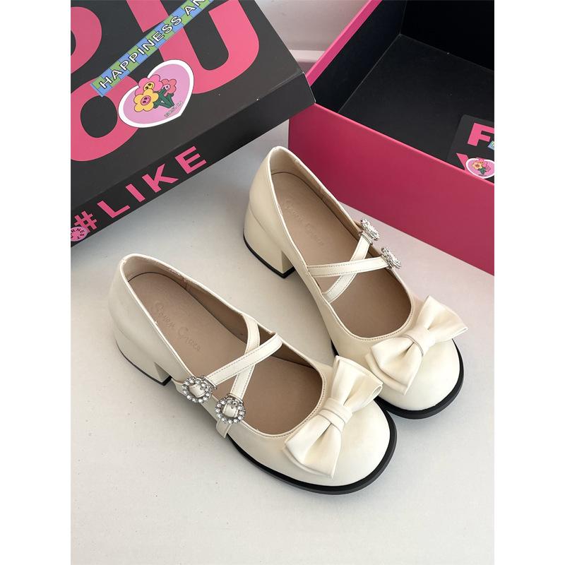 

Новые универсальные туфли в стиле колледжа, ретро-бант, высокий каблук, элегантный круглый носок, средний каблук, маленькие кожаные туфли в стиле Лолиты 35