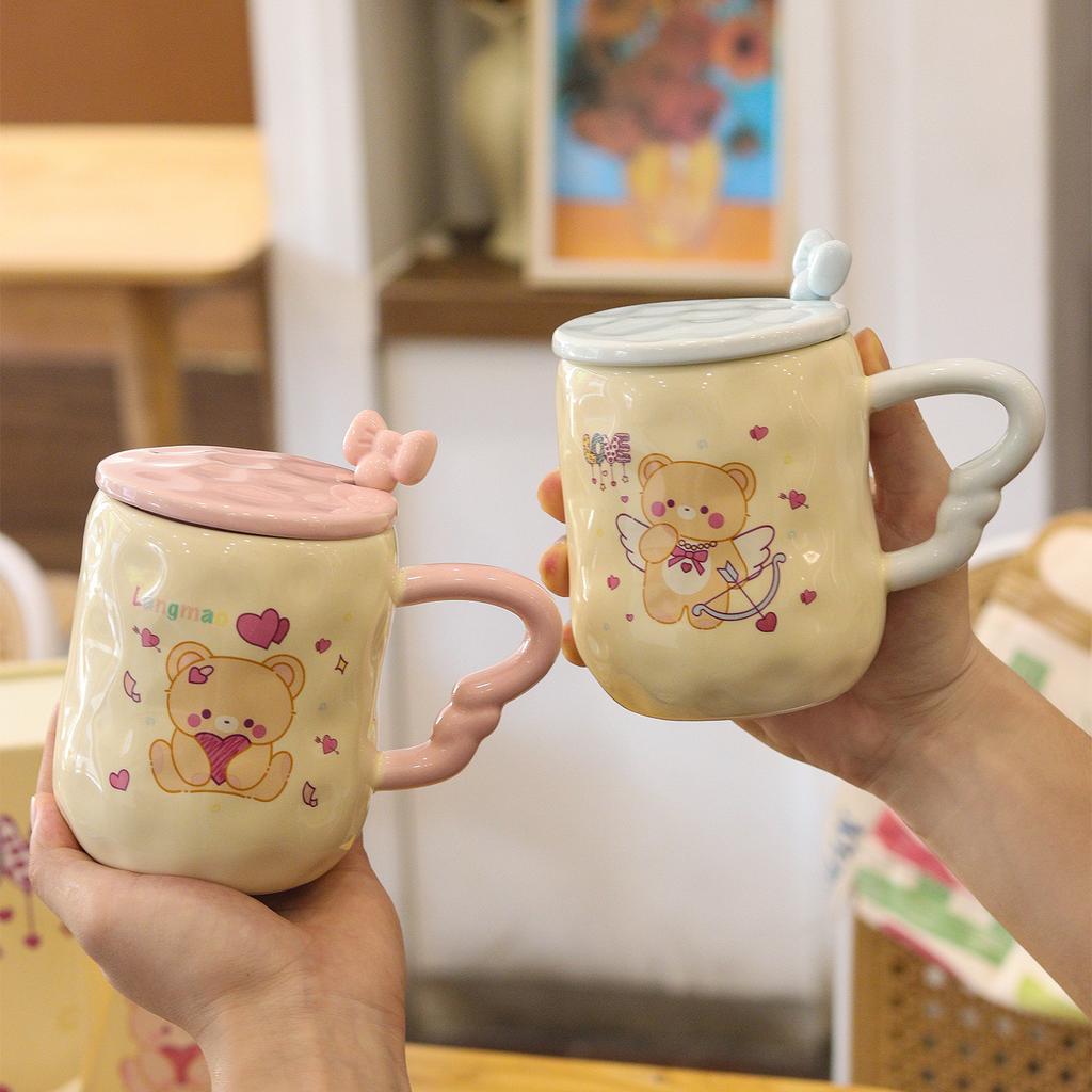 Love Bear Ceramic Cup with Lid Spoon Mug Wedding Gift Water Cup Couple Cup High End Niche