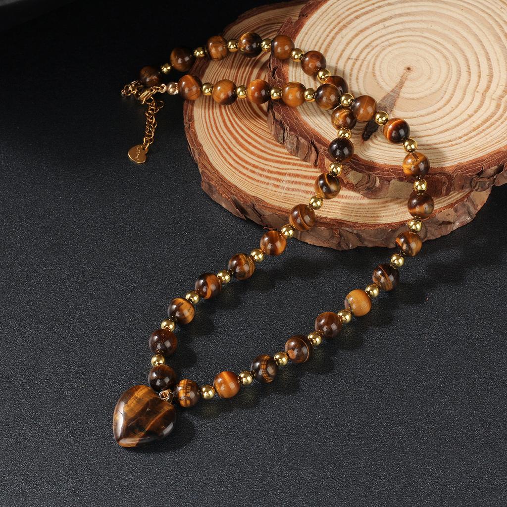 Natural Tiger Eye Beaded Heart Pendant Necklace Gold Spacer Bead Boho Vintage Jewelry for Women Daily Wear