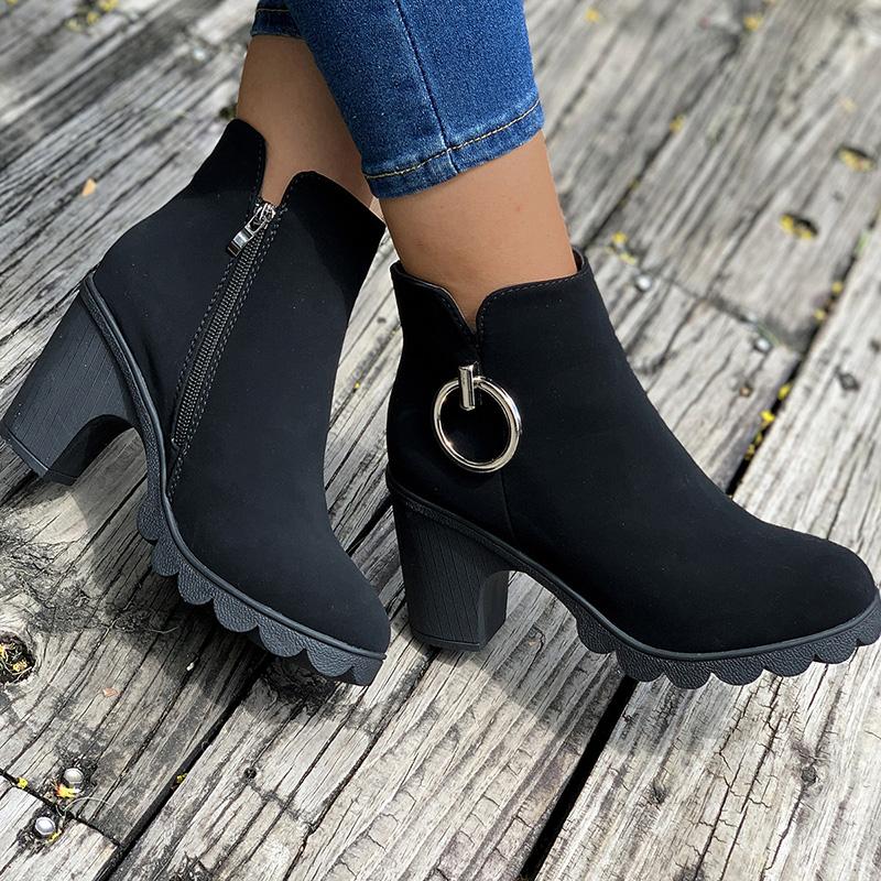 Woman Ankle Boots Spring Autumn Pointed Toe Low Heel Single Boots Black Heeled Suede Thick Heel Black Short Boots Plus Size 42