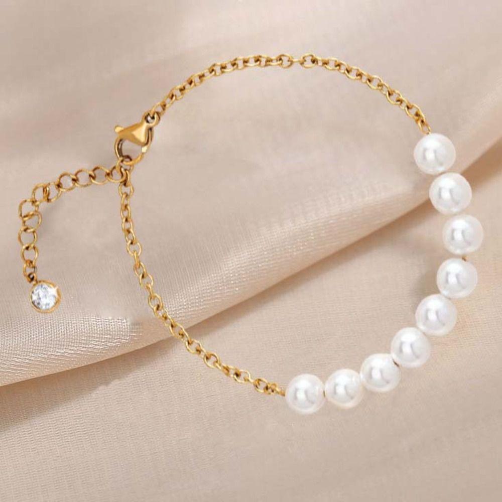 Steel Chain Pearl Bracelets Gold Color Beads Bracelets Dainty Simple Thin Pulseras  Party Wedding