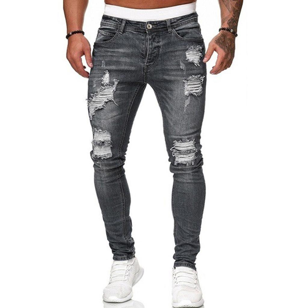 Men Jeans Color Ripped Holes Frayed Gradient Washed Trousers