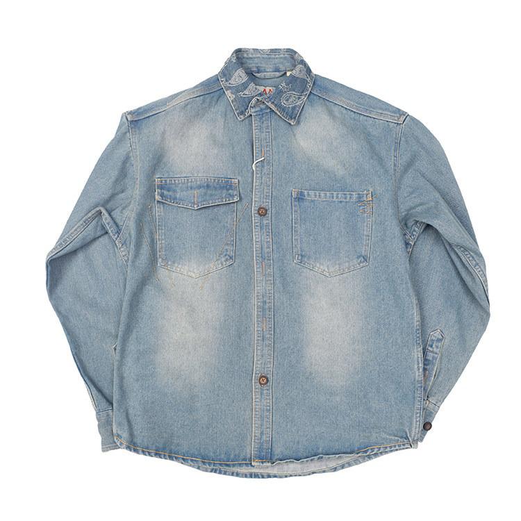 Heavyweight Retro Japanese Long Sleeve Denim Shirt with Double Pockets