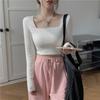 Women Square Neck Cropped Fitted Long Sleeve Casual Base T Shirt