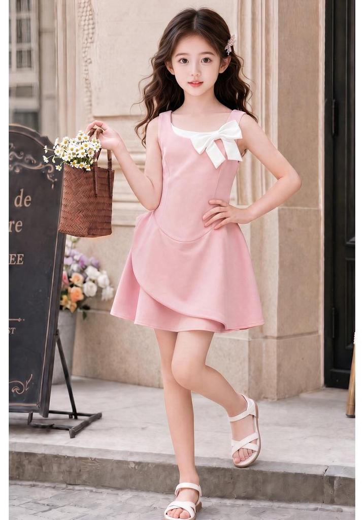 Girls' 2026 Summer Bow Dress: Sleeveless, Fashionable, Elegant Skirt