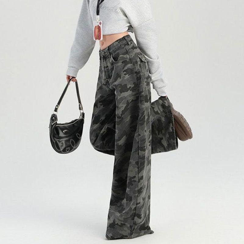Fat Wide-leg Camouflage Jeans Women's Clothing Large Size Meat-covering Pear-shaped Tooling High Waist Loose Mopping Straight Trousers
