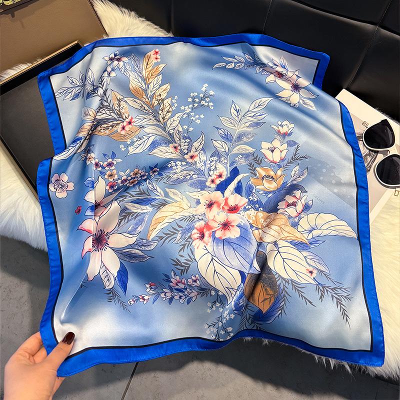 New temperament versatile cotton and linen elegant leaves big flower printing silk scarf scarf headscarf 71 square scarf double-sided
