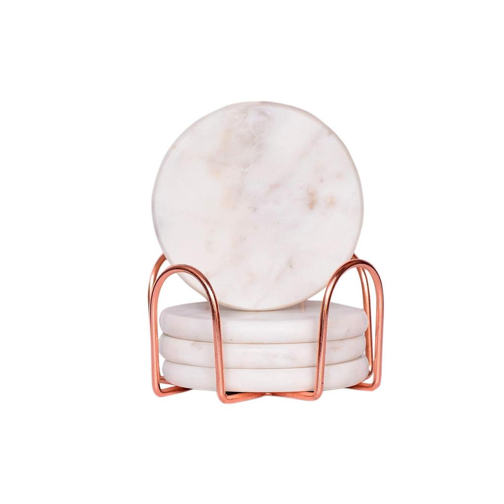Bar Wine Coasters for Table - Set of 4 Vintage Handmade Marble Stone Coaster Set with Holder (Round Shape) (Rose Gold Stand)