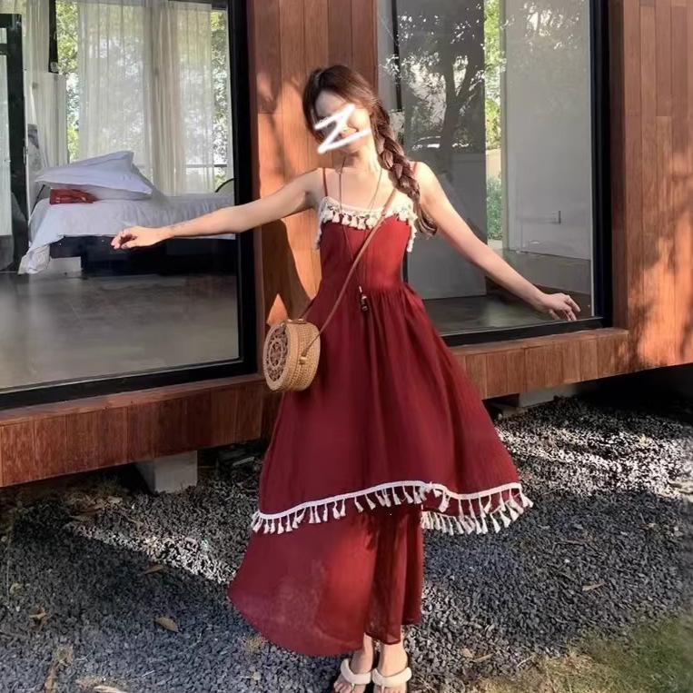 Holiday wind fringe splicing suspender dress women's spring new design feeling waist gentle first love long dress