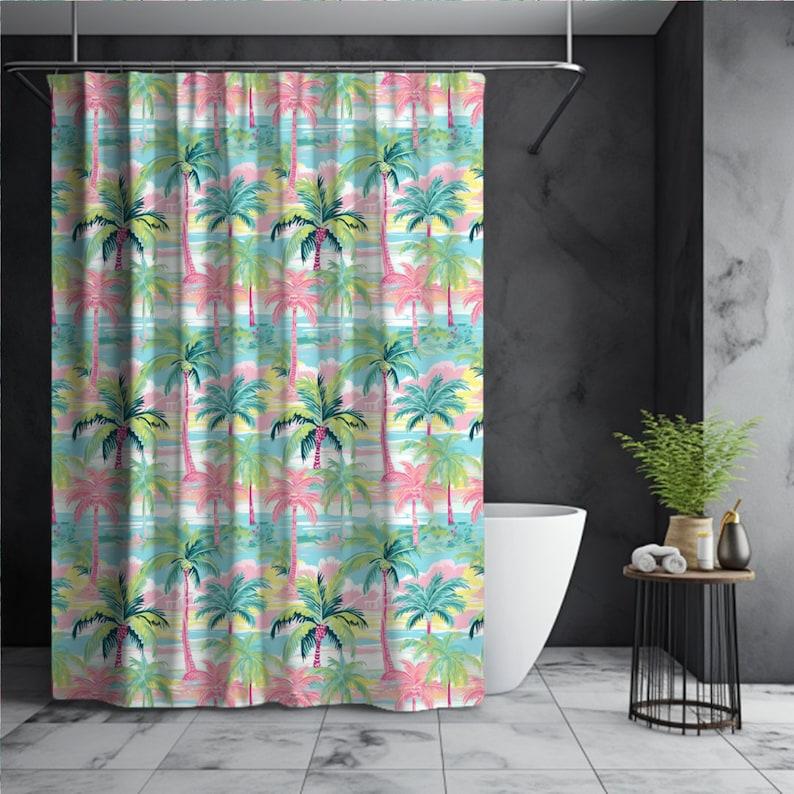 

Preppy Palm Tree Shower Curtain – Tropical Coastal Design, Unique Beach Bathroom Decor W60H190(CM)-1 Pcs