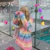 Hoodies Women Kawaii Rainbow Casual Loose Patchwork Harajuku Top Sweatshirt Clothes