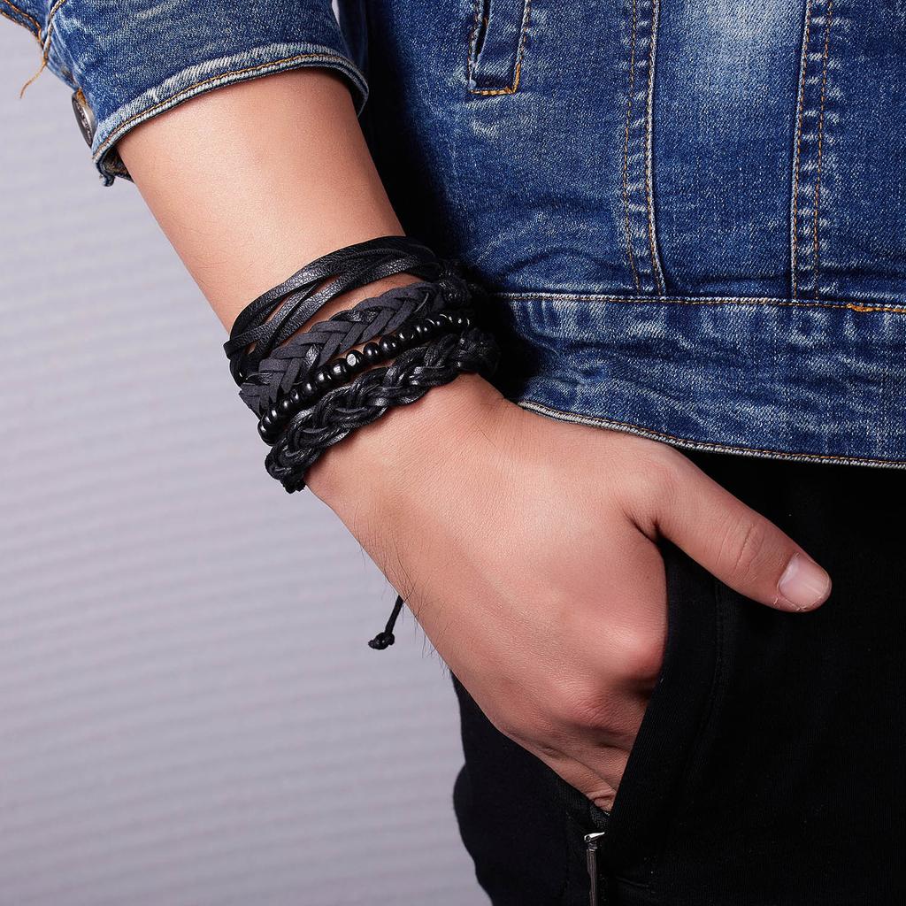 4pcs/set Bohemia Bracelets Bangles For Men Multilayer Woven Leather Vintage Ethnic Jewelry Bracelet