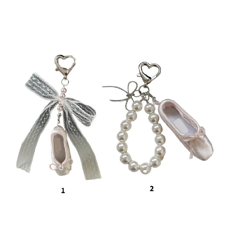 Ballet Shoe Keychain Featuring Lace Bowknot And Pearls Detail For Fashion Forward Individuals And Dance Fan