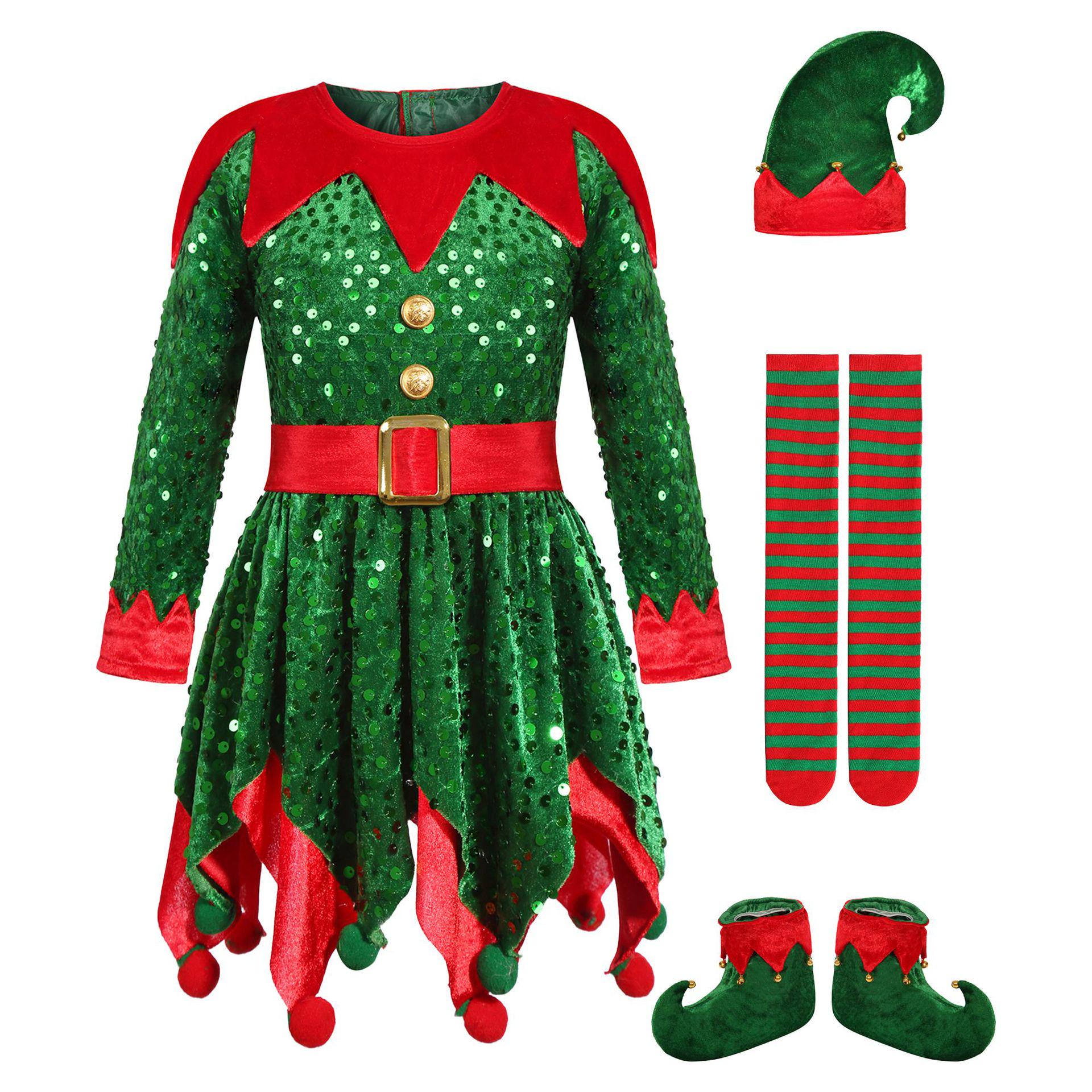 

Girls Christmas Elf Costume Set - Green Holiday Party & Performance Outfit XL (US 9-11 years) зелений