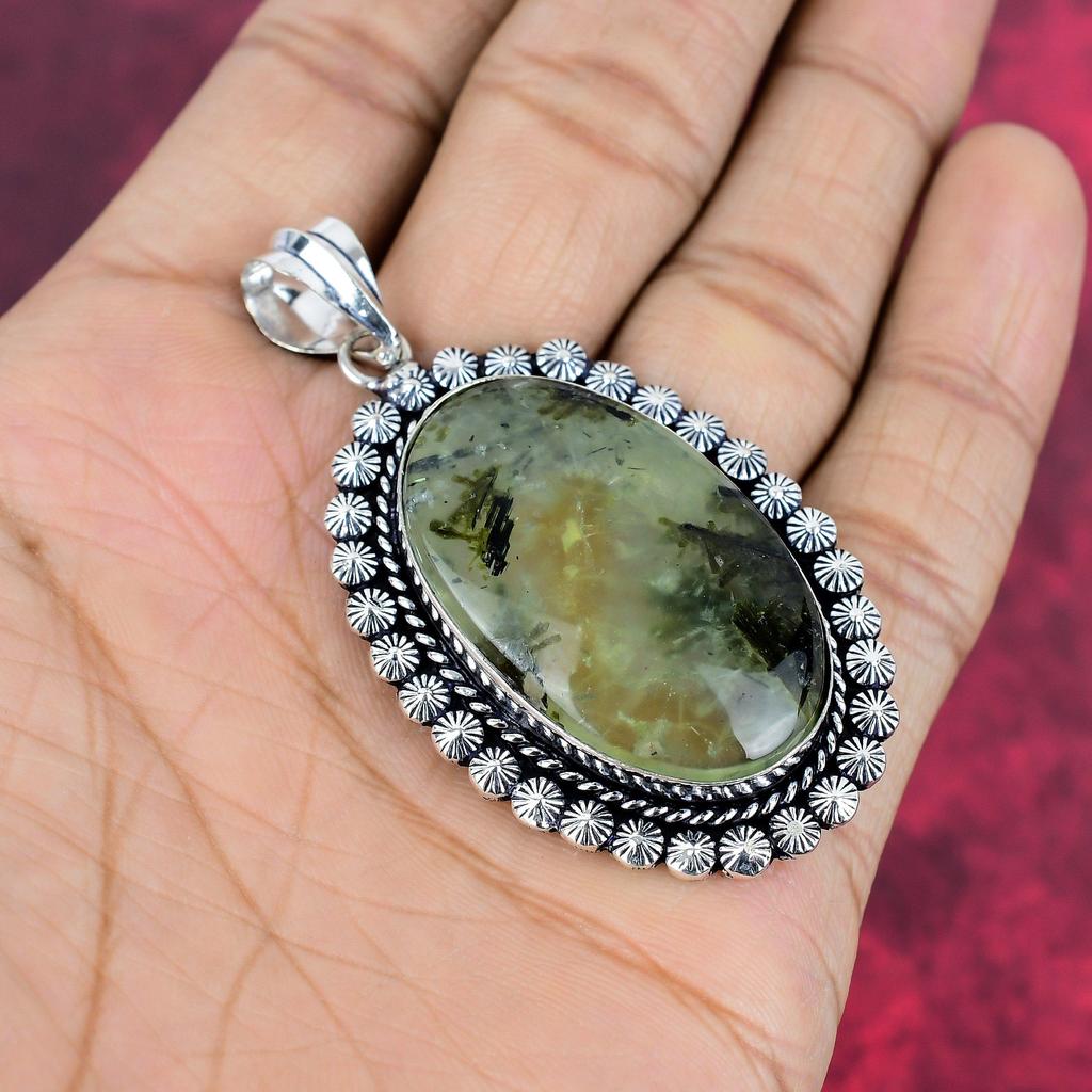 Bijuterii Pandantiv Piatră Prehnit, Bijuterii de Designer Handmade din Argint Sterling Solid 925, Bijuterii Naturale pentru Cadou de Ziua Recunoștinței