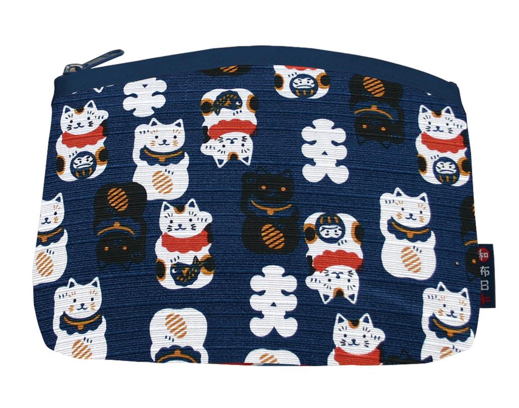 Wafubiyori Fun Japanese Pattern Bottom Navy 111905 Maneki-neko Pouch, Blue,