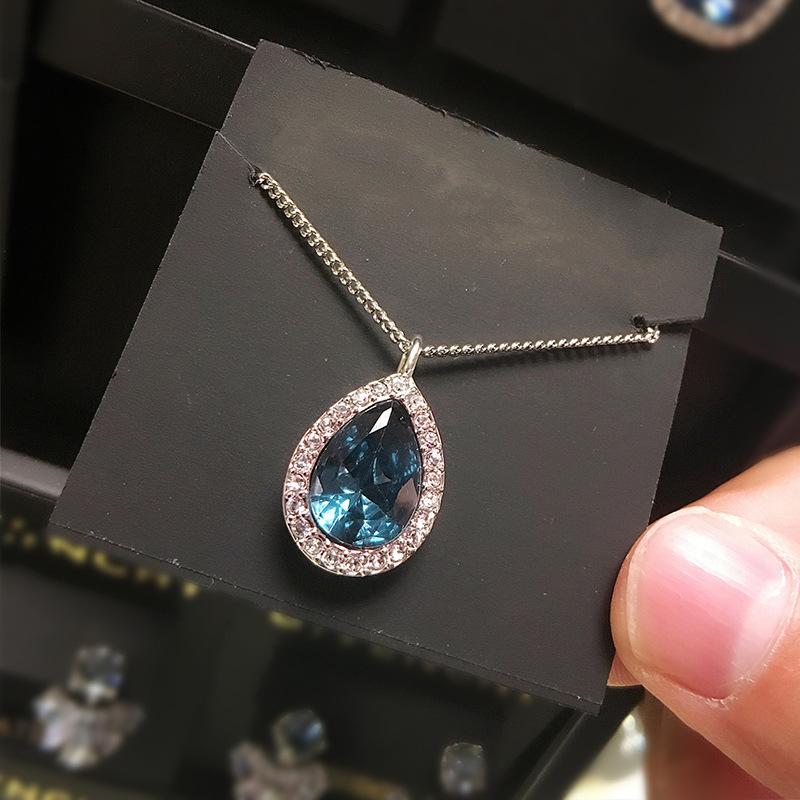 Teardrop Deep Blue Stone Single Halo Pendant Slim Wheat Link Chain Women Elegant Neck Jewelry