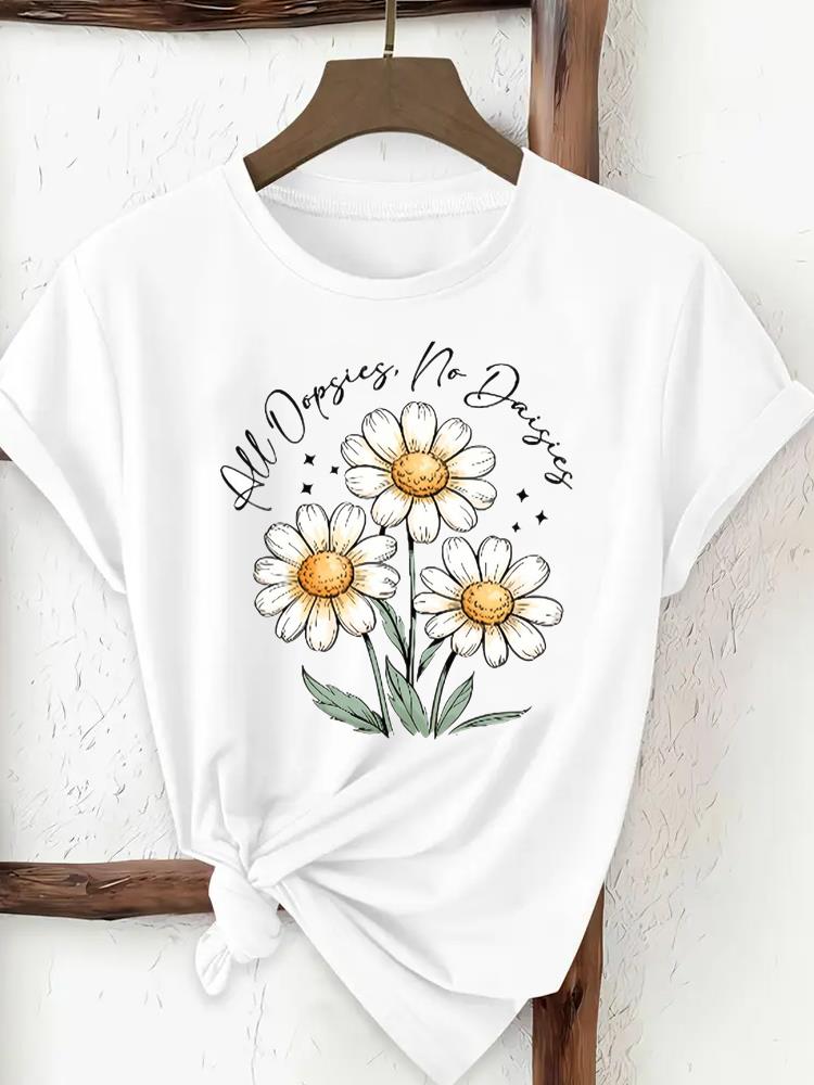 Sweet Flower 90s Print Trend Ladies Popular Casual Round Neck Women Fashion Graphic Short Sleeve T-shirts Fashion Clothing