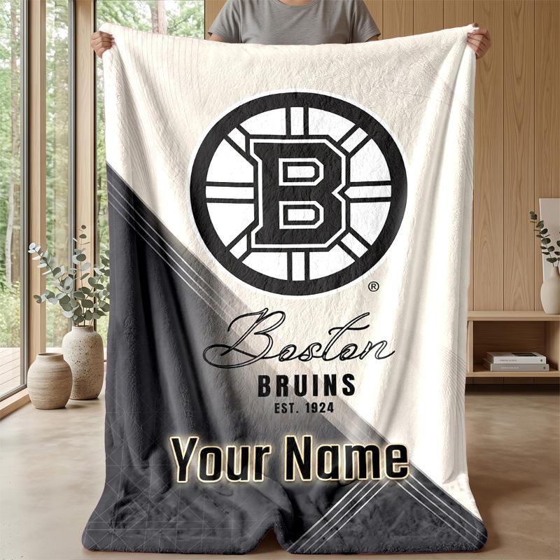 Boston Bruins Custom Flannel Throw Blanket Print Your Name Text Soft Warm Blanket Holiday Present
