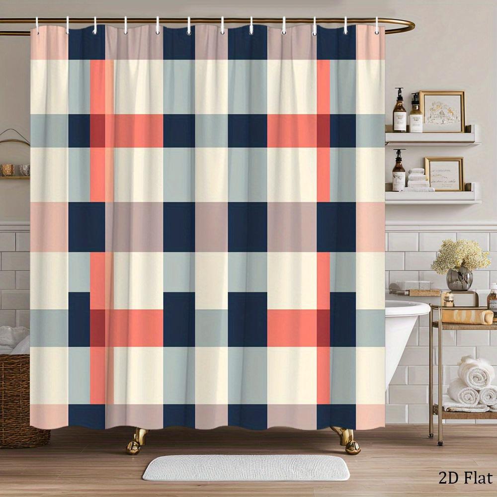 Color Block Plaid Shower Curtain Navy, Coral & Beige Grid Design, Modern Minimalist Pattern for Contemporary Bathroom Decor