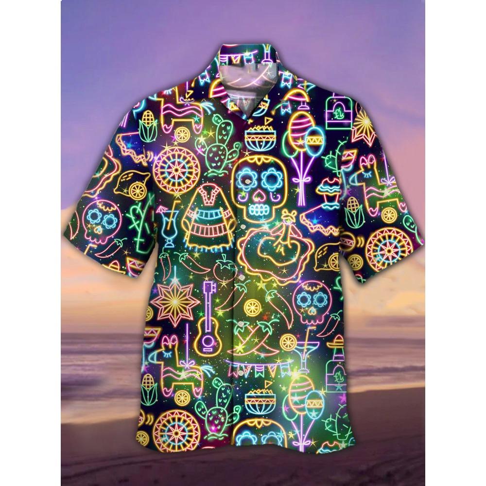 Men's Shirts Mexican Style Skull Pattern 3D Print Tops New Summer Casual Fashion Beach Party Tops Short Sleeves Men Clothing