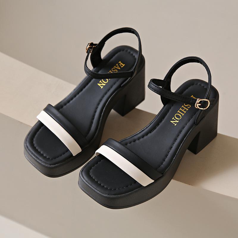 Summer new square head hollow one-character buckle style women's thick high-heeled sandals