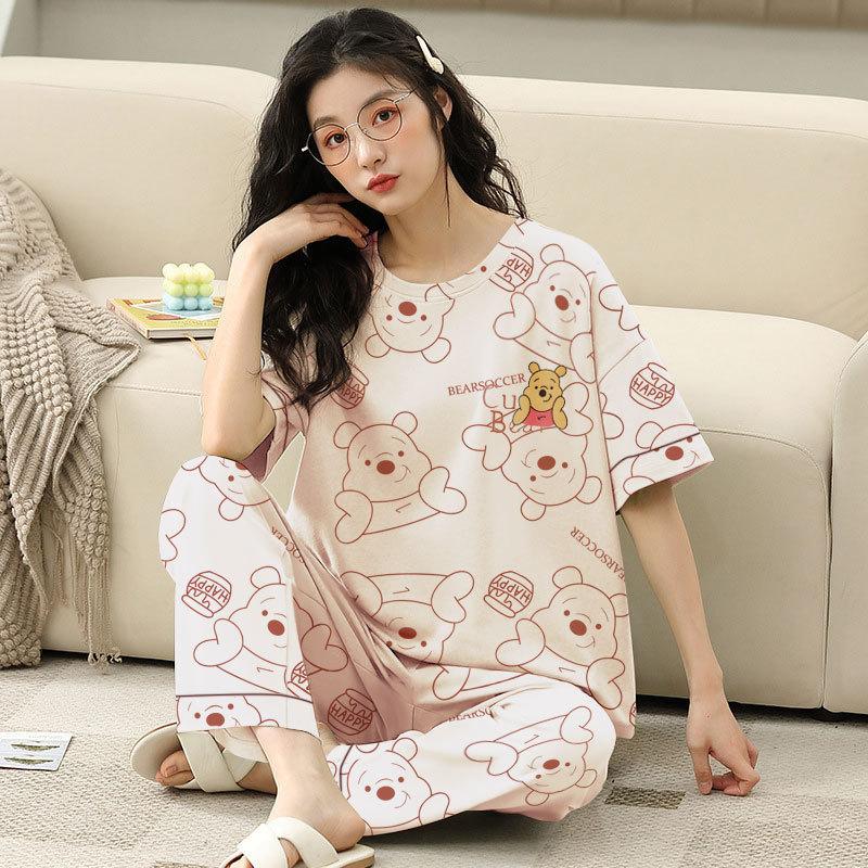 Spring and autumn summer pure cotton pajamas women's short-sleeved trousers round neck pullover cartoon bear imitation cotton women's loungewear suit
