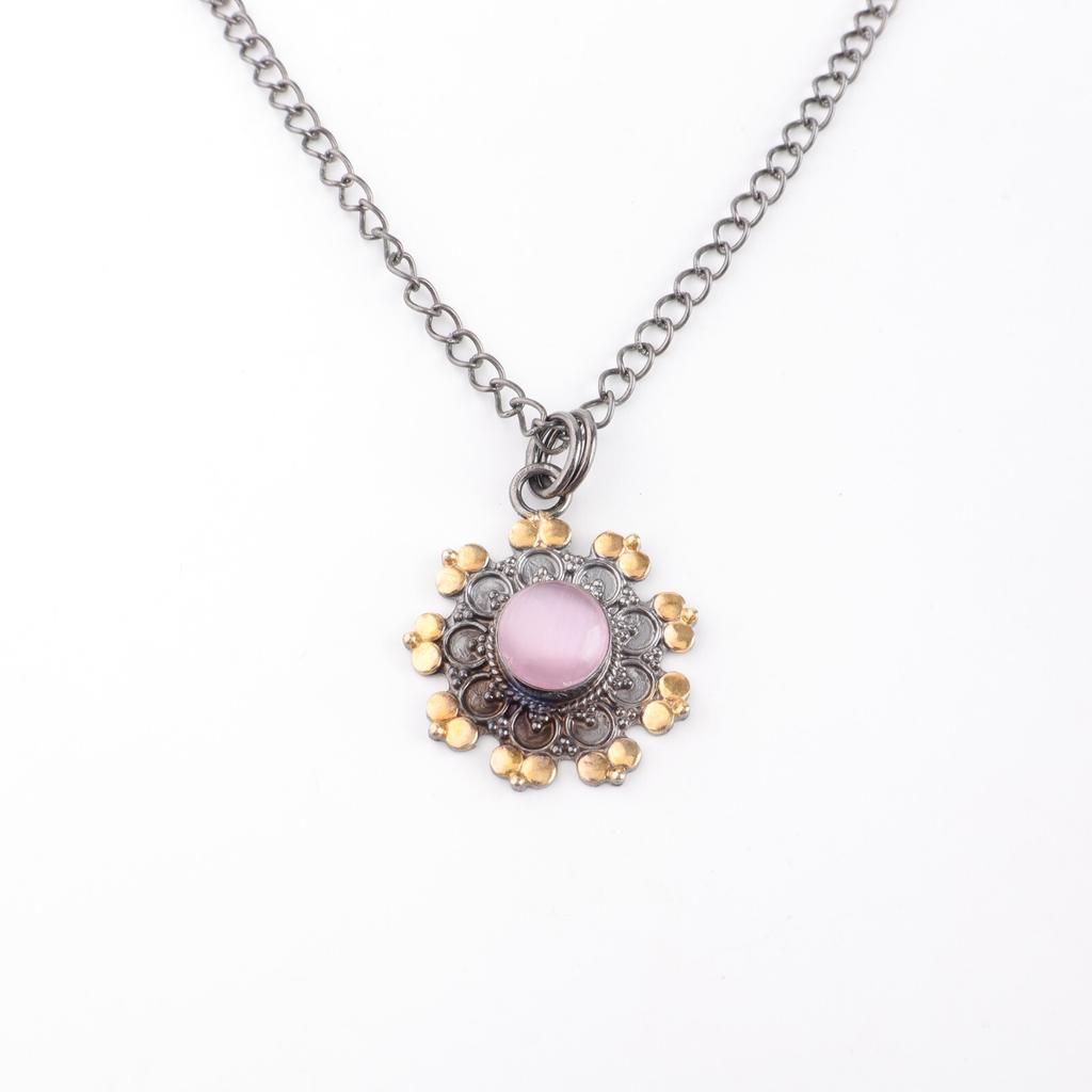 Pink Cat's Eye Gemstone 925 Sterling Silver Jewelry Handcrafted Pendant 1.26" PP-32-45