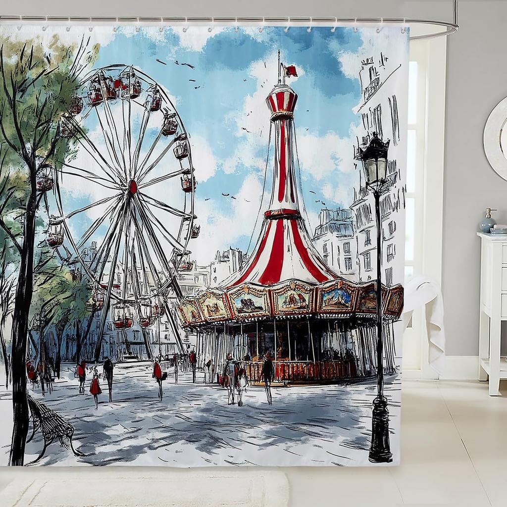 Cartoon Circus Bathroom Curtains Happy Holiday Shower Curtain Sets for Kids Boys Girls Funny Ferris Wheel Shower Curtain Funny