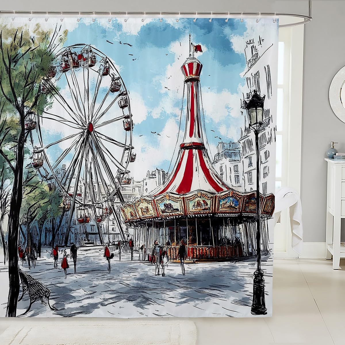 

Cartoon Circus Bathroom Curtains Happy Holiday Shower Curtain Sets For Kids Boys Girls Funny Ferris Wheel Shower Curtain Funny W60H190(CM)-1 Pcs