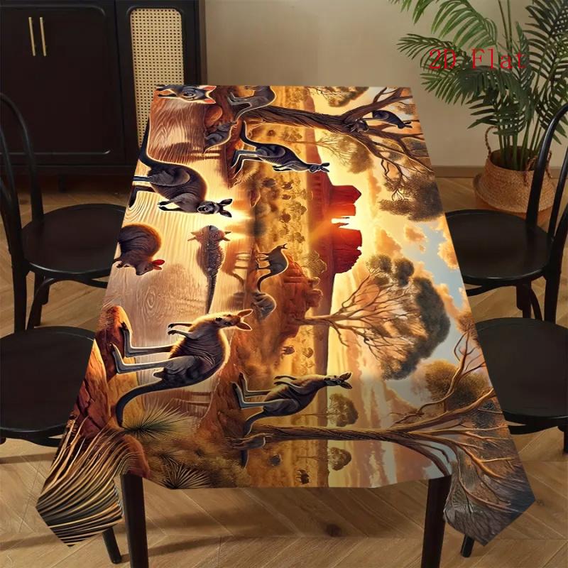 2D Flach 1 Stück - Tischdecke im australischen Wildtierstil mit Känguru und Sonnenuntergangslandschafts-Print, Maschinenwaschbare Polyester-Tischdecke, Geeignet für den Esstisch