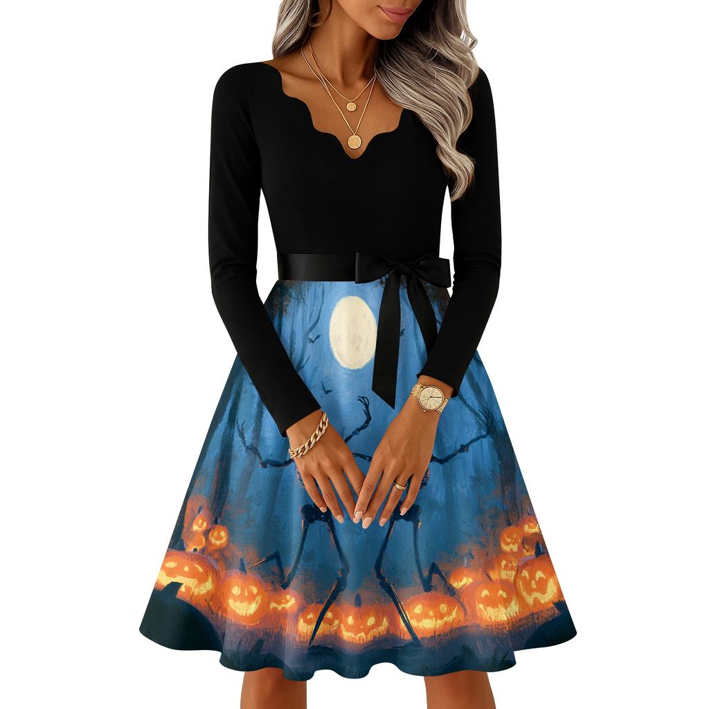 Women's Retro Halloween Print V-Neck Long Sleeve Dress for Casual Everyday Wear