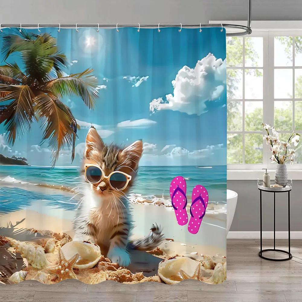 Funny Cat Children'S Shower Curtain Colourful Cartoon Patterns Children'S Room Curtains Bathroom Decor Accessories With Hooks