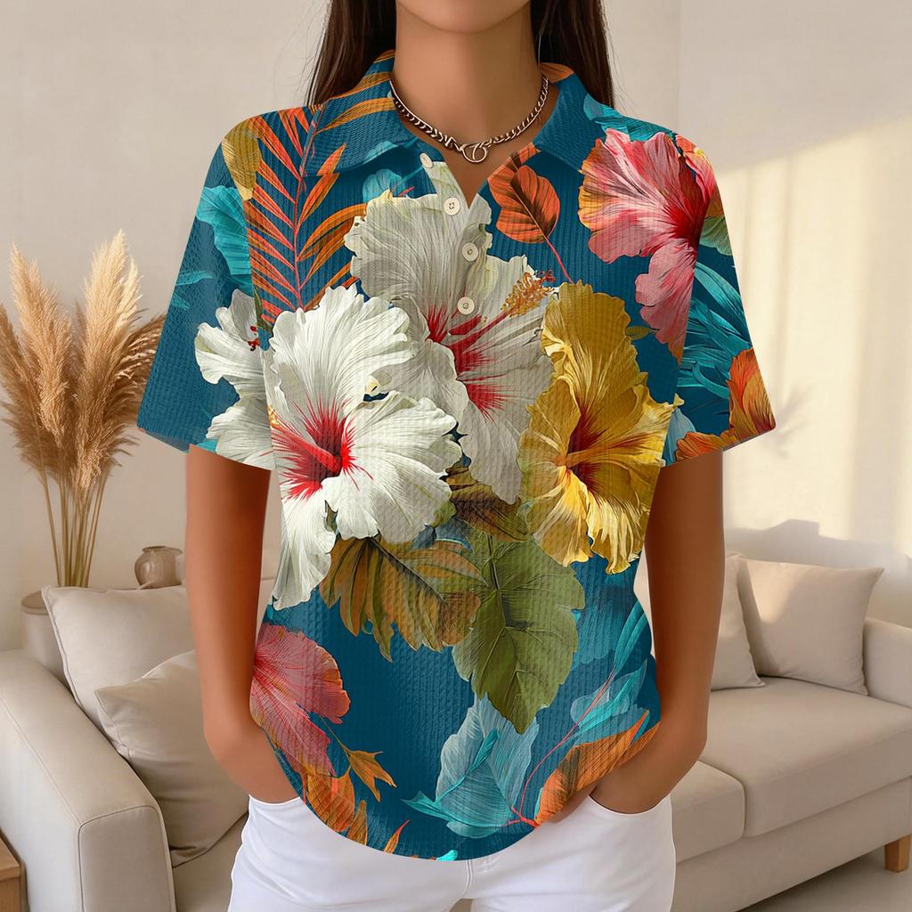Women Casual Short Sleeve Hawaiian Print Waffle Knit Polo Shirt Lightweight Breathable Summer Top Relaxed Fit