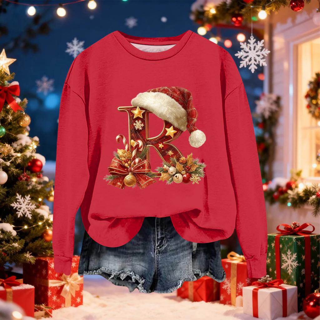 Damen Modisches Lässiges Langarm-Weihnachts-Sweatshirt mit Buchstaben-Print und Rundhalsausschnitt