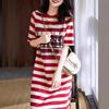 2025 Summer Korean Style Mid-Length Striped T-Shirt Dress for Women - Loose, Slimming, Short Sleeve, Versatile Fashion