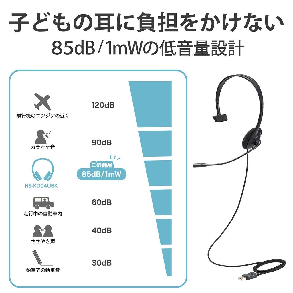 ELECOM Children's Headset, Low Volume, USB Connection, with Rotating Microphone Arm, Lightweight, Black, HS-KD04UBK, Dimensions: 128mm W X 48mm D X