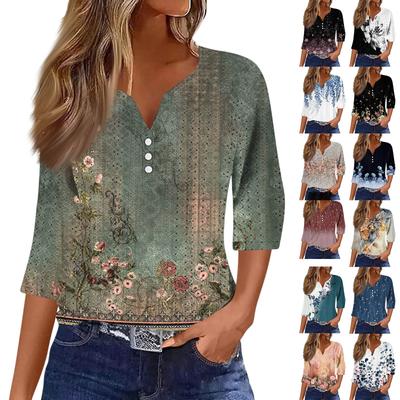 Women's Fashion V-Neck Button Seven Sleeve T-Shirt Casual Floral Printed Top
