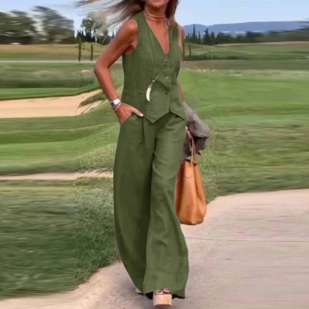 2025 Women's Fashion: European & American Solid Color Vest and Long Pants Two-Piece Casual Set