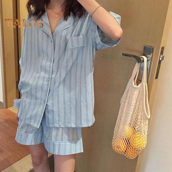 2 Pcs/Set Women Pajamas Set Lapel Contrast Color Striped Print Short Sleeve Elastic Waist Loose Wide Leg Homewear Sleepwear Blouse Shorts Set