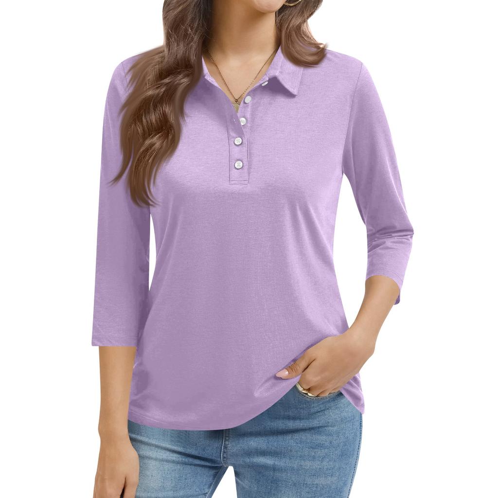Women's Fashion Casual Lapel Short 3/4 Sleeve Color Shirt Women's Button Up Tops