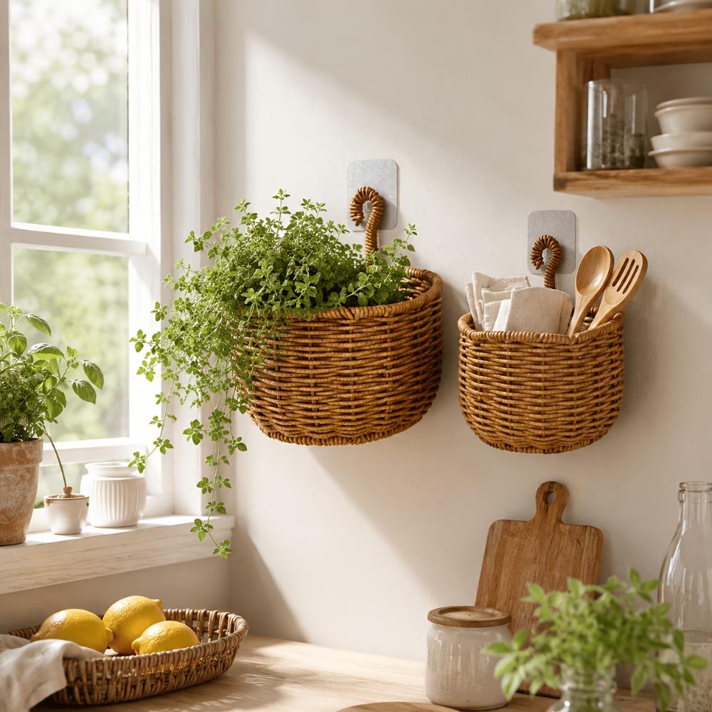 Woven Design Woven Storage Basket Plastic Fruit Vegetable Holder Wall Hanging Basket  for Kitchen